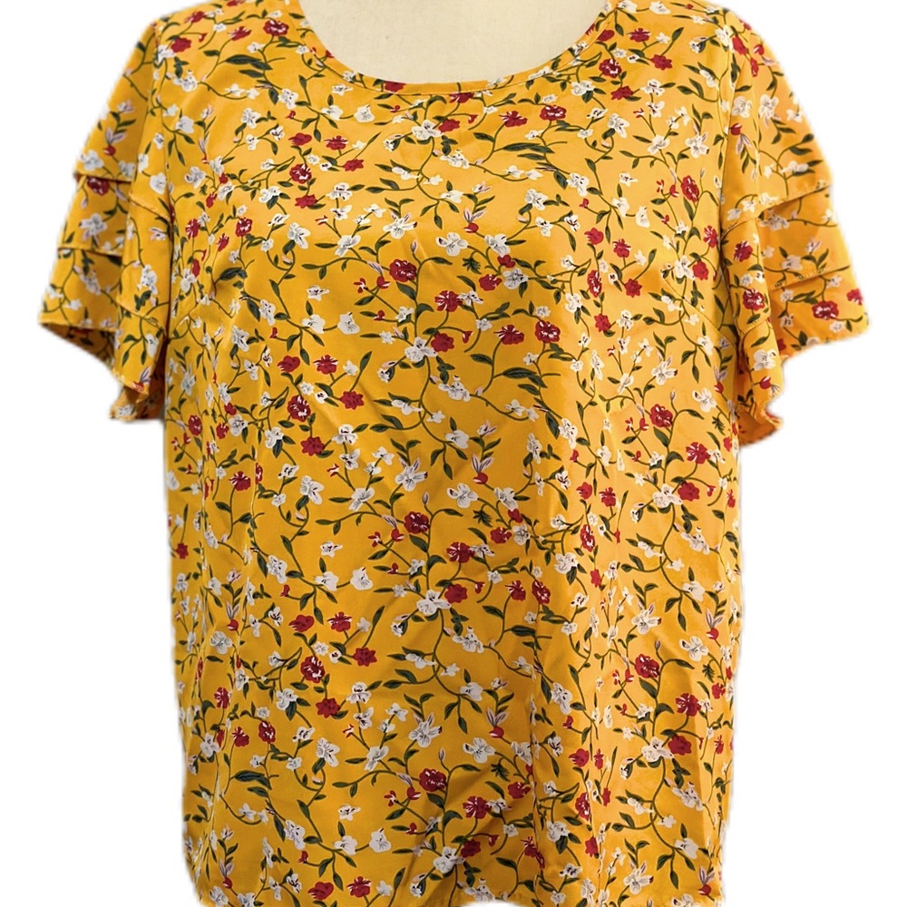 Shein yellow/mustard floral ruffle short sleeve top